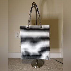 Elegant Striped Dark Blue Tote with Chain Handles
